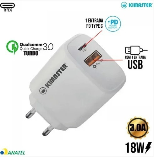 Carregador Duplo Rápido Turbo 18w Kimaster Usb + Usb-c Pd Qc Cor Branco