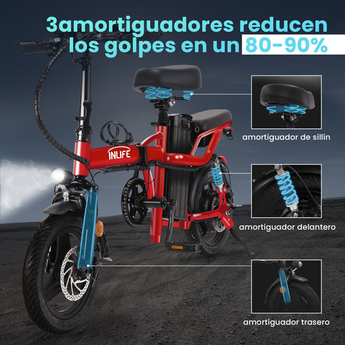 INLIFE C5 Bicicleta Eléctrica Plegable Con Dos Asientos & Batería Removible para Adultos, Potencia Máxima del Motor 800W, Velocidad Máxima 32KM/H, Autonomía 30-40KM, Batería 10AH, Color Rojo