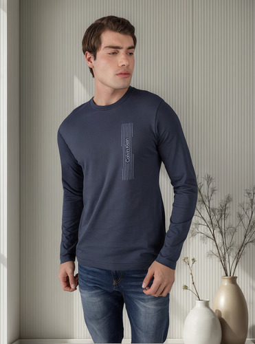 Polera Ls Horizontal Logo Azul Calvin Klein