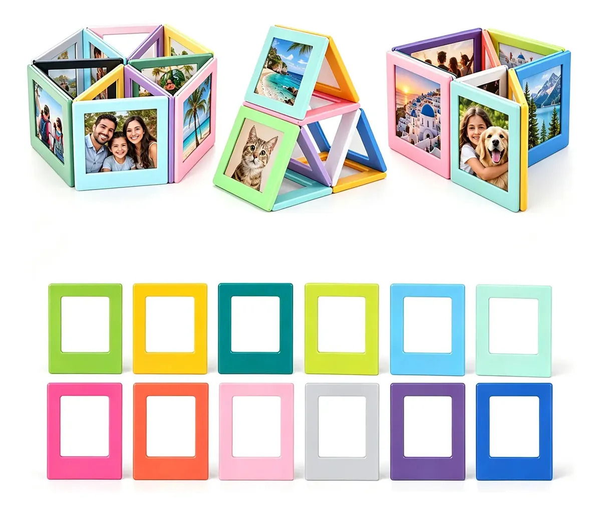 Pack de 12 Marcos Magnéticos Multicolor para Fotos de 3 Pulgadas, Portarretratos Decorativos para Nevera y Oficina, Material ABS Resistente