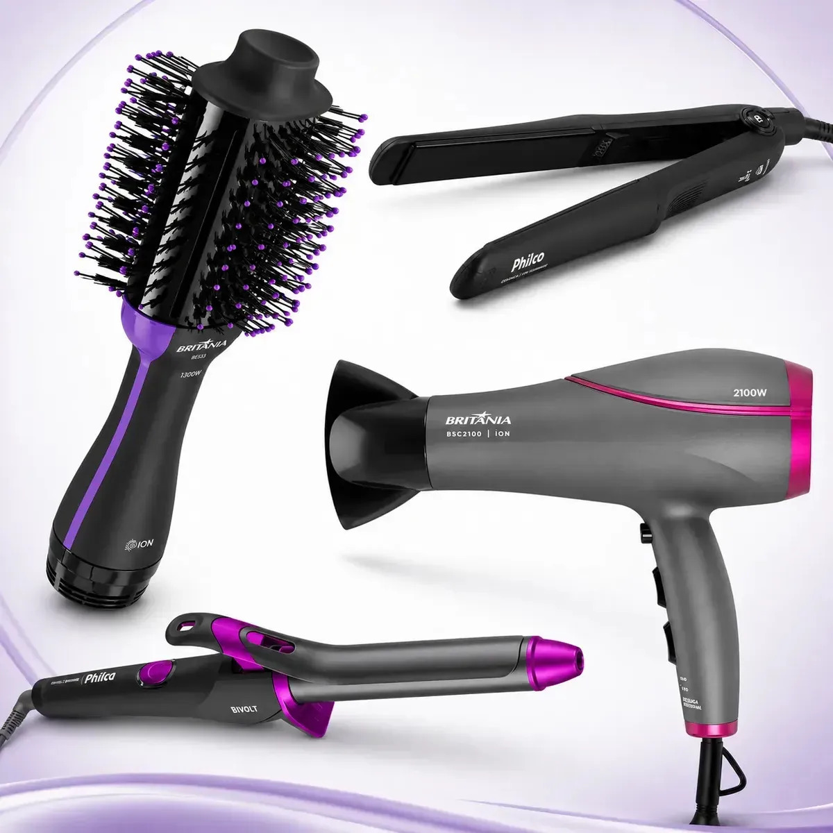 Kit Quarteto Secador de Cabelos + Prancha + Babyliss + Escova Elétrica Giratória ( Britânia + Philco ) - Ideal para Secar, Alisar, Modelar e Transformar o Visual com Praticidade