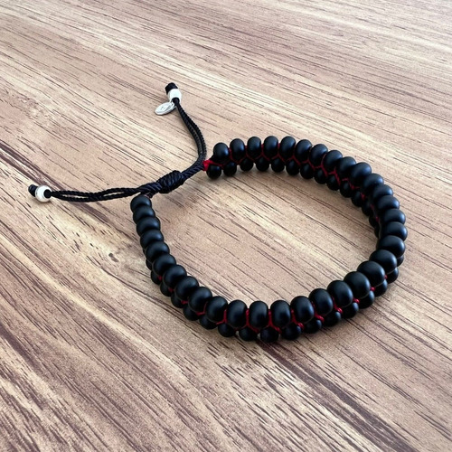 Pulsera Doble Tejida Bolitas Y Plata 925 Agálea Hombre Color Negro-rojo Diámetro 5 Cm Largo 16