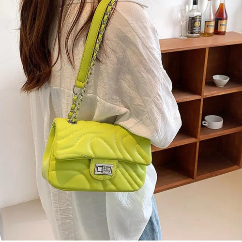 Cartera De Mujer Elegante Diseño Tendencia Calidad Acabado De Los Herrajes Níquel Color Verde Lima Diseño De La Tela Costuras