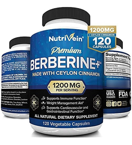 Berberine Premium Hcl 1200 Mg + Canela De Ceilan 120 Cap
