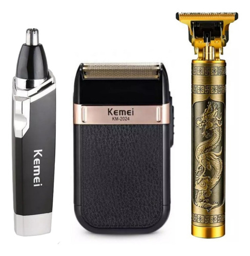 Kit de barbería profesional Kemei Shaver 2024, con dragón y nariz, color negro, 110 V/220 V