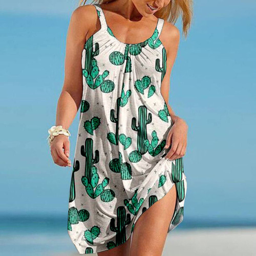 Vestido De Playa Con Estampado Tropical Hawaiano, Modelo Vy1