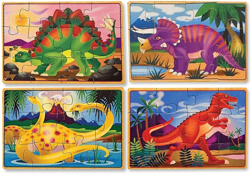 Rompecabezas  Dinosaurios, 4 Rompecabezas Con Caja De Madera