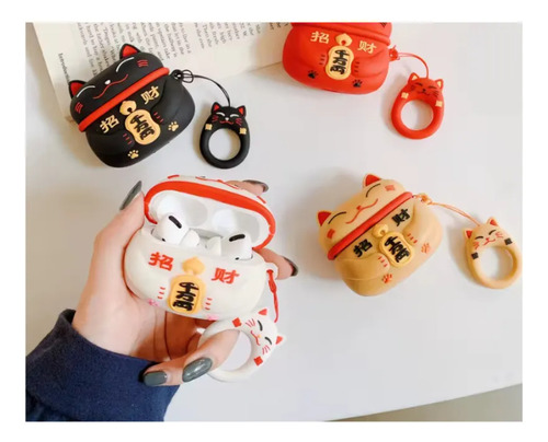 Funda Estuche Kawaii Para Airpods Pro2 Con Gancho Gatito Suerte Negro