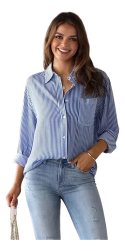 Camisa Holgada De Manga Larga A Rayas Para Mujer