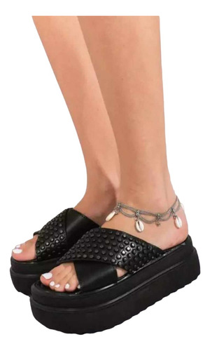 Sandalias Zueco De Mujer Con Plataforma Entera Negro Tachas