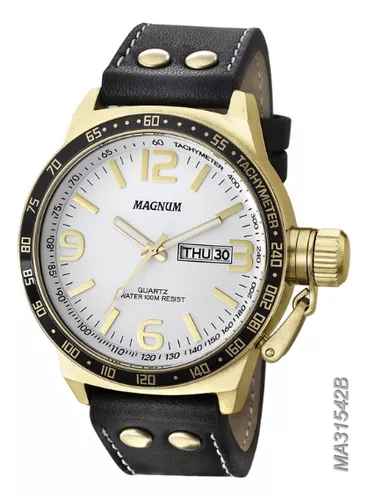 Relógio Masculino Dourado Pulseira De Couro Magnum Ma31542b