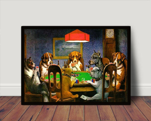 Quadro / Poster  Moldura Classico Cães Cachorros Poker 32x23