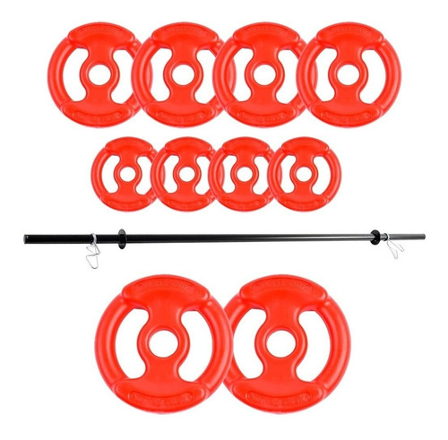 Kit Sport Maniac Barra Caño 10 Discos Rojos Pvc 24kg Topes