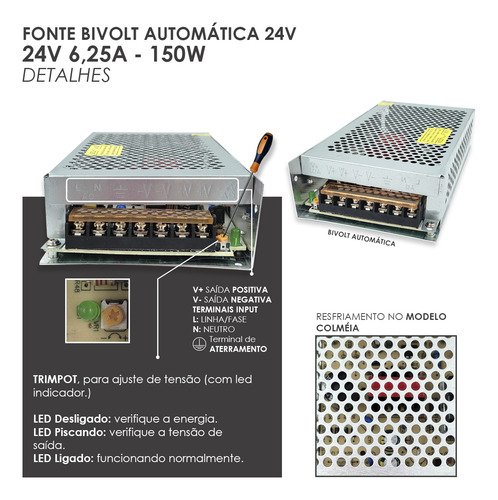 Fonte Chaveada 110/220v Estabilizada 24v 6,25a 150w Bivolt