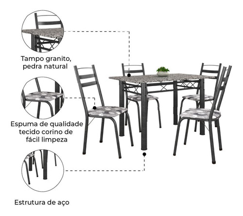 Conj De Mesa Itália Com 4 Cadeiras 1,20m Dark/granito