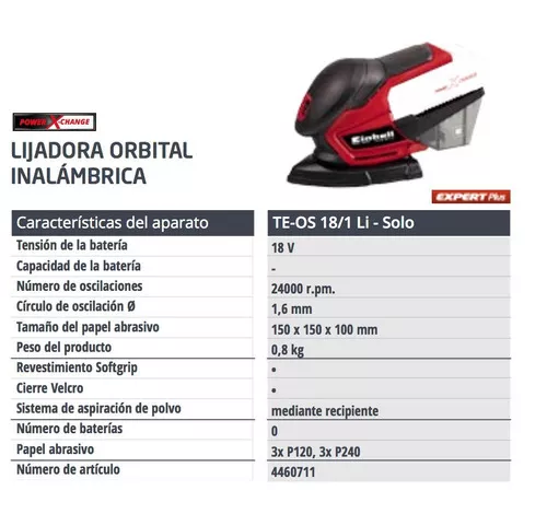 Lijadora Orbital a Batería Einhell TE-OS 18 Li SOLO – Espacio