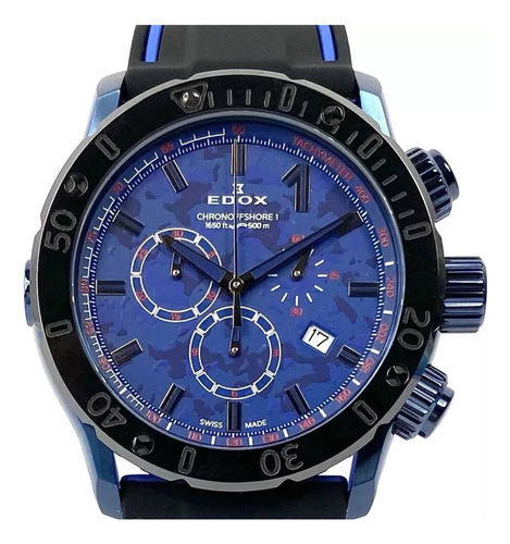 Estupendo Reloj Cronógrafo Suizo Edox . 500atm Negro Con Azul Negro Y Plata Azul Marino (Usado)