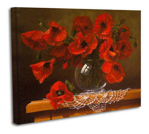 Cuadro Lienzo Canvas 60x80cm Florero Cristal Flores Rojas