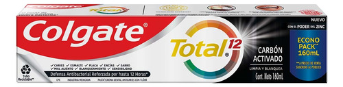 Pasta Dental Blanqueadora Colgate Total 12 Con Carbón 160ml