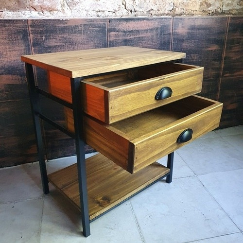Imagen 2 de 6 de Mesa De Luz Con 2 Cajones Industrial Madera Hierro
