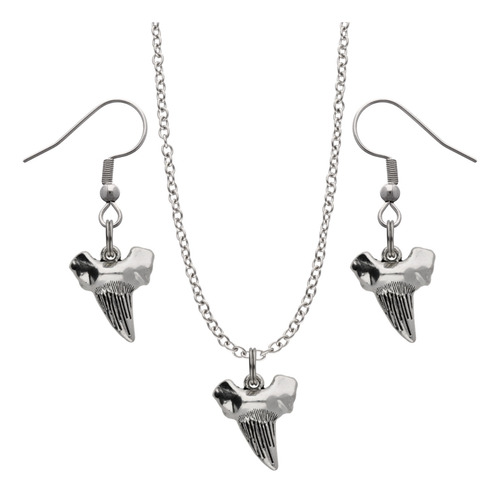 Kit Collar Y Aretes Tiburón Mandíbula Moda Dije Cadena Acero Plateado Megalodon Diente
