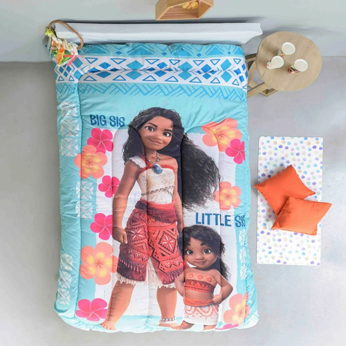 Kit Acolchado + Juego De Sabanas Moana 2 Piñata 1 1/2 Plaza Celeste Moana 2