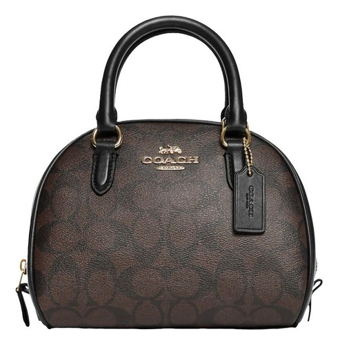 Bolsa Coach Sydney Satchel Original Marron Acabado de los herrajes Níquel Correa de hombro Negro Diseño de la tela Rayas