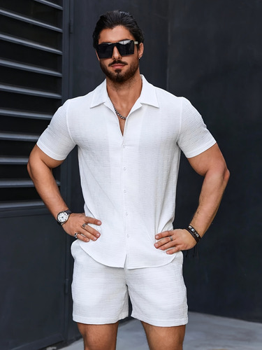 Conjunto De Camisa De Manga Corta Con Cuello De Botones Y