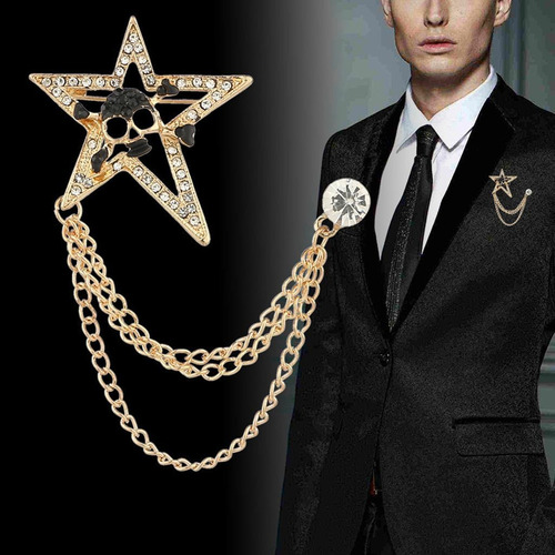 Broche Masculino Com Estrela E Caveira Distintivo Dourado