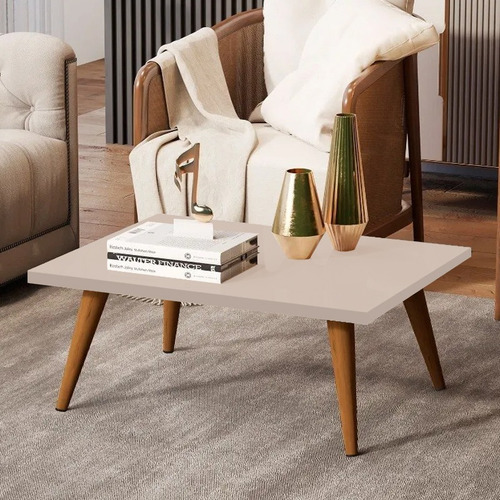 Mesa De Centro Retangular Sala Pé Palito Retrô Branco 65x35 Cor Nude