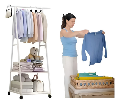 Perchero Organizador Rack De Ropa, Closet Zapatero Cn Ruedas Color Negro