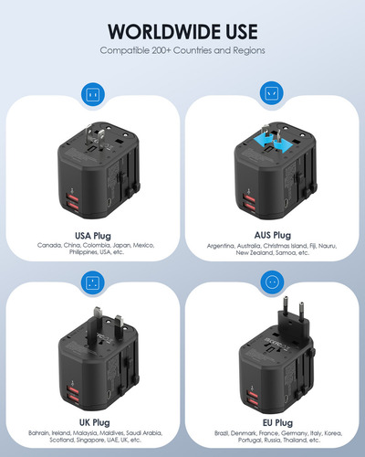 Adaptador de viaje universal Epicka negro, con 2 puertos USB-A y 1 USB-C, compatible con enchufes de EE. UU., UE, Reino Unido y Australia.