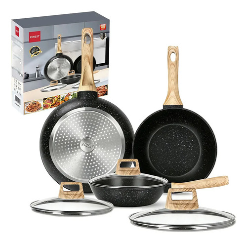 Juego De 3 Woks Antiadherentes De Mármol Con Tapa 20/24/26cm Negro