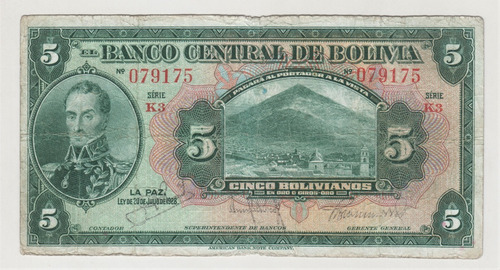 Billete Bolivia 5 Bolivianos 1928 Granier Querejazu Palacios