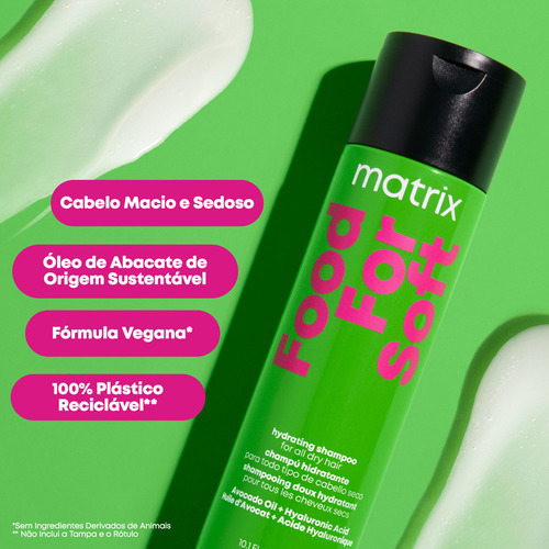 Matrix, Shampoo Hidratante, Food For Soft, para todos os tipos de cabelo, proporciona 7x mais hidratação, com toque suave, da Brilho, Maciez, Nutre e Repara, 300ml