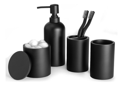 Set De Baño 4 Piezas Negro Dispensador Jabón Tarro Boticario