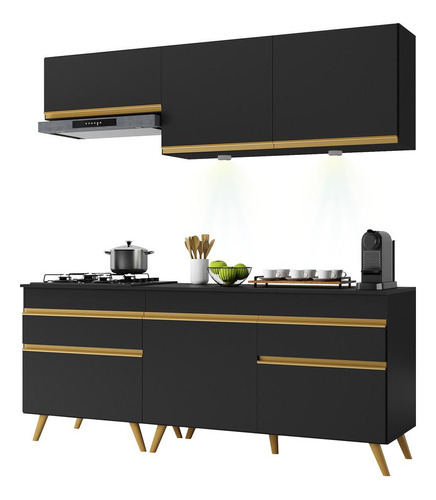 Armário Cozinha Compacta 190cm Veneza Up Multimóveis V2030 Cor Preto/Dourado