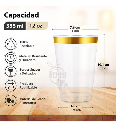 100 Vasos De Plástico Reutilizables Con Borde Dorado
