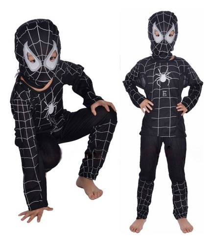 Disfraz Spiderman Negro Para Niños Con Mascara Tela Fino