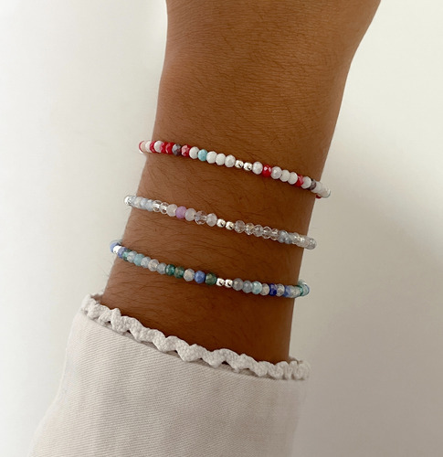 Pulsera Mostacillas Piedras Azul Celeste Colores - Plata 925 Azul 18.5 Cm