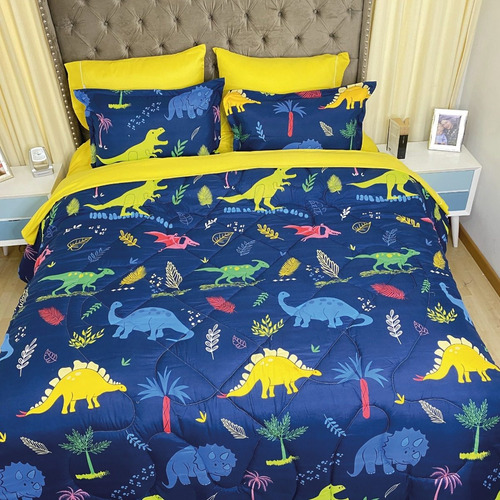 Imagen 3 de 4 de Plumón Doble Estampado Dinosaurios + Fundas