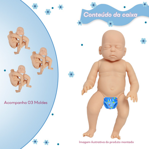Kit 3 Boneco Bebe Reborn Menino Molde Olho Fechado 43cm