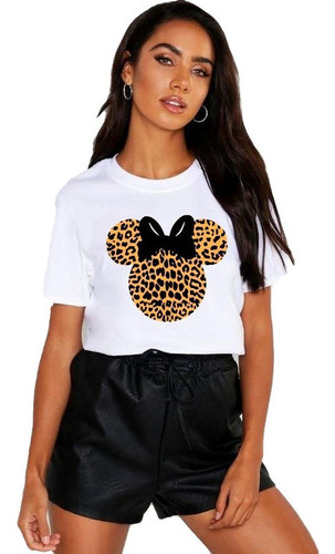 Polera Dama Estampada 100%algodon Diseño Minnie Animal Print