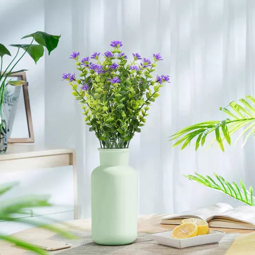 4 Plantas Artificiales, Arbustos Verdes, Flores Moradas