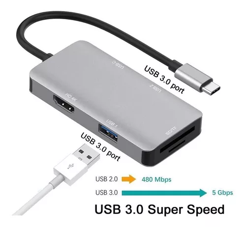 Hub Adaptador Usb C A Hdmi + 2x Usb 3.0 + Sd / Micro Sd / Aluminio