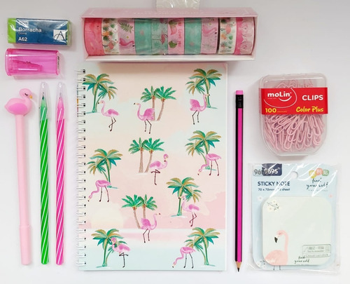 Kit Papelaria Flamingo Caderno Canetas Clips Washi Tape Etc