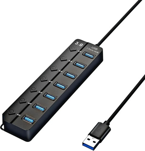 Hub Usb 3.0 7 Portas Entradas Alta Velocidade 5gbps Com Led E Botões Individuais Plug And Play Compatível Com Notebook Pc Tv Console Impressora Mouse E Teclado Pen Drive Cooler Premium Eletric Teck