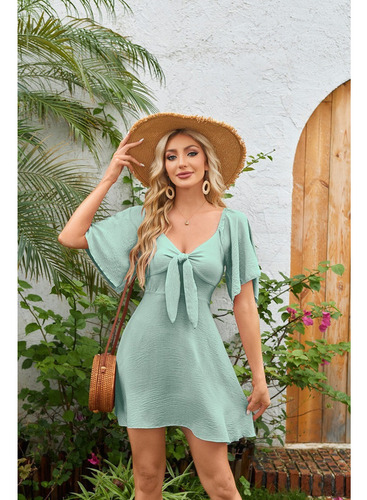 Mini Vestido Con Cordones Y Cuello En V A La Moda Para Mujer