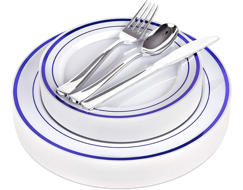 Fancy Disposable Plates With Cutlery - 125 Piece Blue Plasti