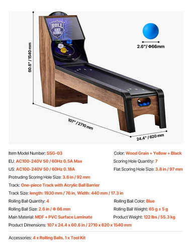 Mesa De Juego Arcade Roll & Score 9ft Marcador Led 4 Bolas